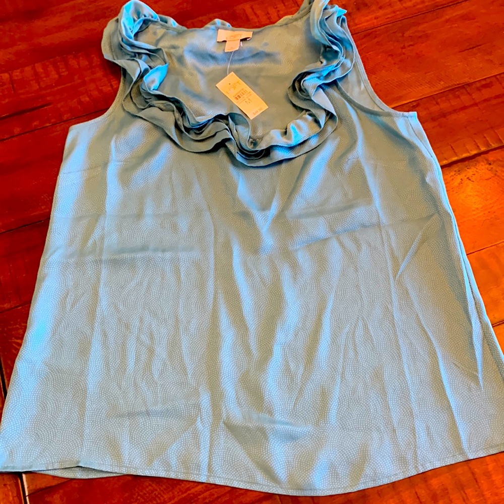 Loft teal sleeveless blouse with ruffled neckline Sz M